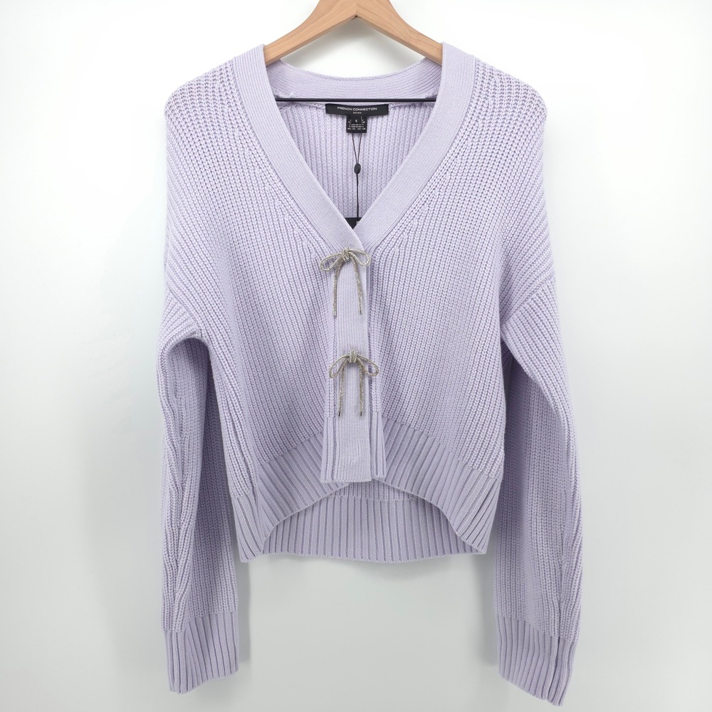 French Connection Womens Cardigan Small Lavender Sparkly Bow Babysoft - NWT
